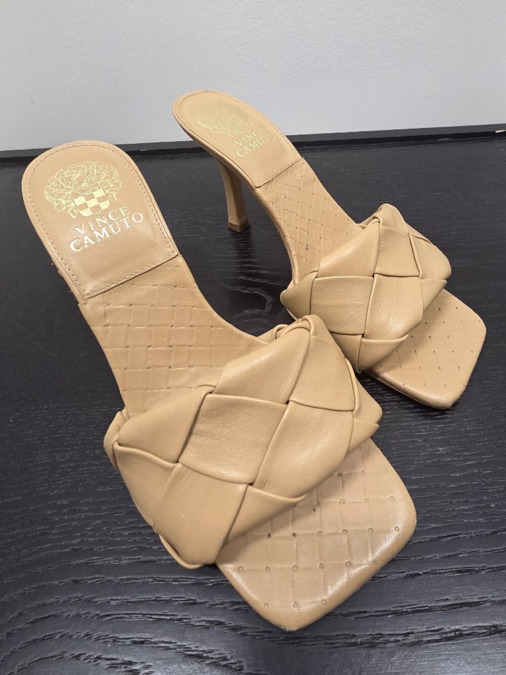 Vince Camuto Tan Woven Square Toe Mules | Size 7